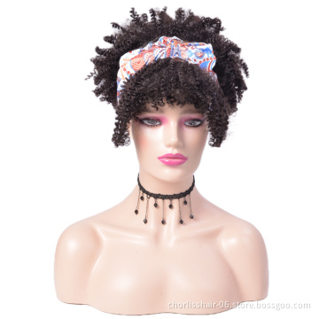 Hot selling Ombre Blonde Black Fluffy Afro Short Kinky Curly Turban Wigs Synthetic Wigs With Headband Attached For Black Women